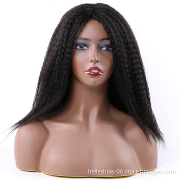 Hot sell 14Inch Afro Long Black Purple Color Hair Yaki Kinky Straight Synthetic Wigs yaki Lace synthetic wig For Black Women